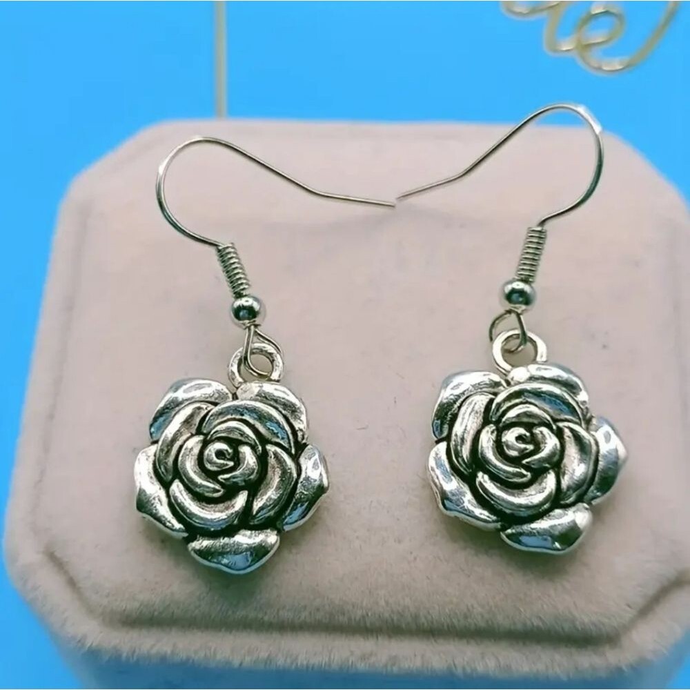 Silver rose earrings minimalist jewelry